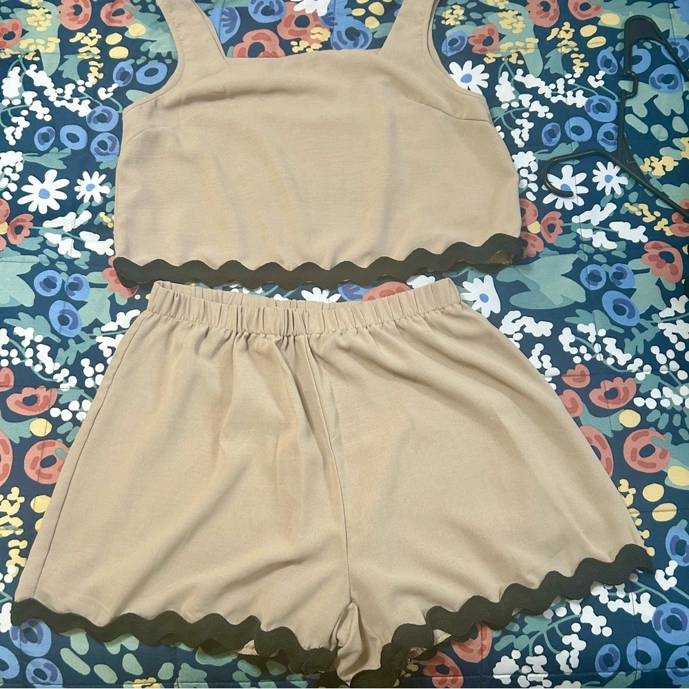 Tan Two-Piece Set with Black Trim